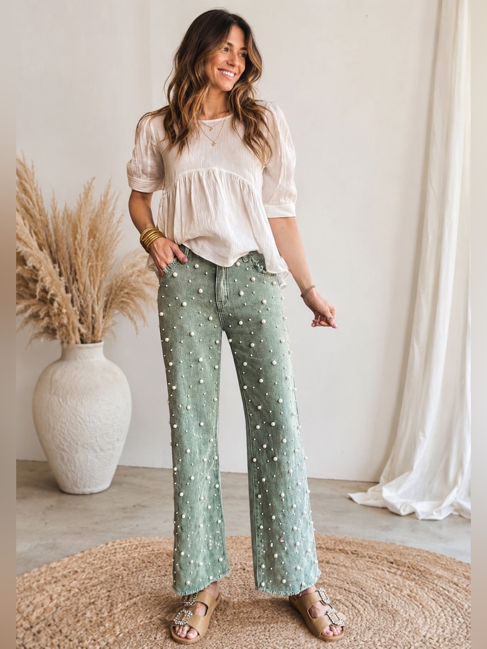 POL Sage Green Pearl Studded Sage Green Denim Jeans Wide Leg Small